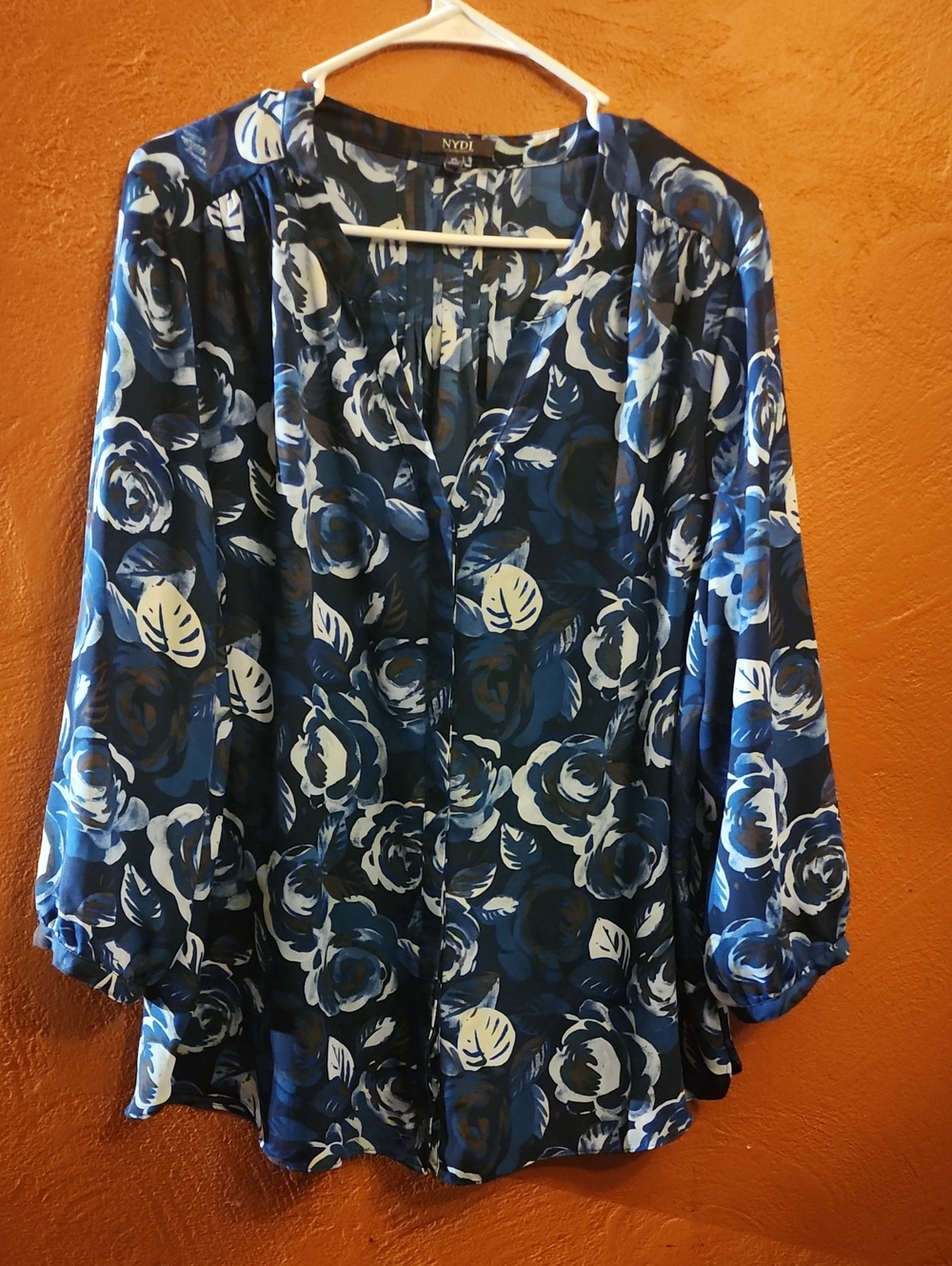 NYDJ Navy and Blue Floral Sheer Button-Front Blouse